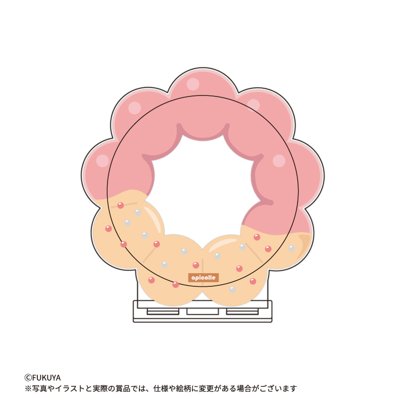 さまざまなドーナツのコースターアクリルスタンド。<br>
（【本体サイズ】①リングドーナツ約W11.6×H11.8×D0.9cm<br>
②生ドーナツ約W10.7×H12.6×D0.9cm<br>
③チョコオールドファッション約W11.2×H11.5×D0.9cm<br>
④クルーラードーナツ約W11.3×H11.6×D0.9cm<br>
⑤ねこドーナツ約W11.9×H11.9×D0.9cm<br>
【内寸サイズ】（全種共通）約W9.1×H9.1×D0.3cm）