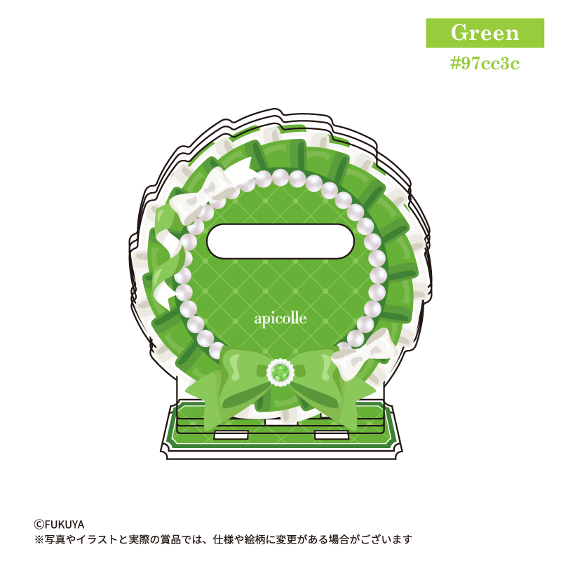φ57mm缶バッジが飾れる、「Green」カラーのロゼットをモチーフにした缶バッジスタンド。<br>
（【本体】約W8.4×H8.9×D1.9cm/【内寸】約W5.8×Ｈ5.8×D0.3cm)
