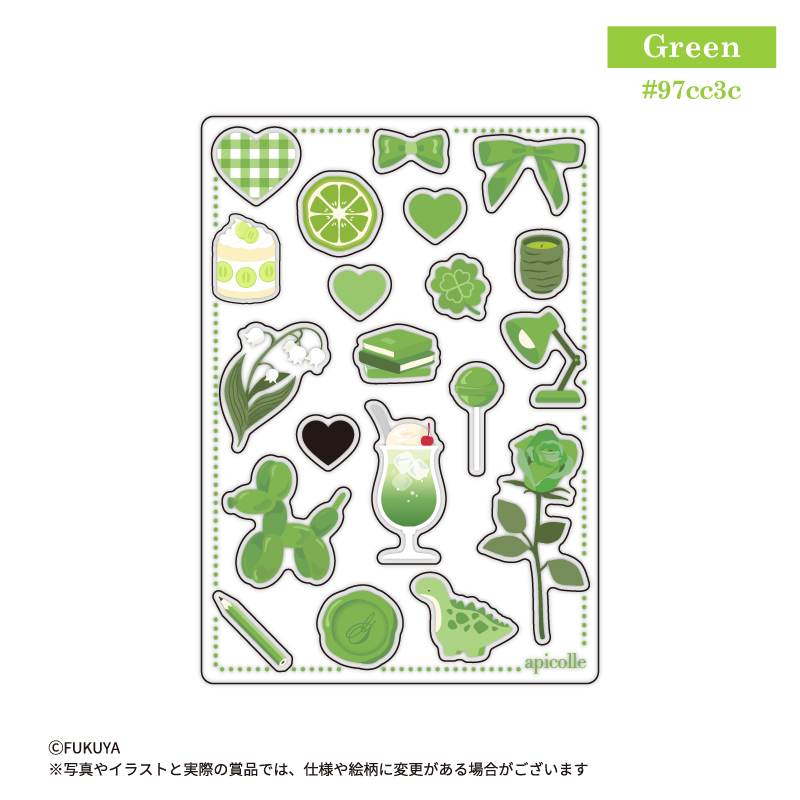 「Green」カラーなモチーフを詰め込んだアクリルパーツセット。<br>
アクリルフレームと組み合わせて使えます。<br>
（【本体】約W7.0×H10.0×D0.3cm)