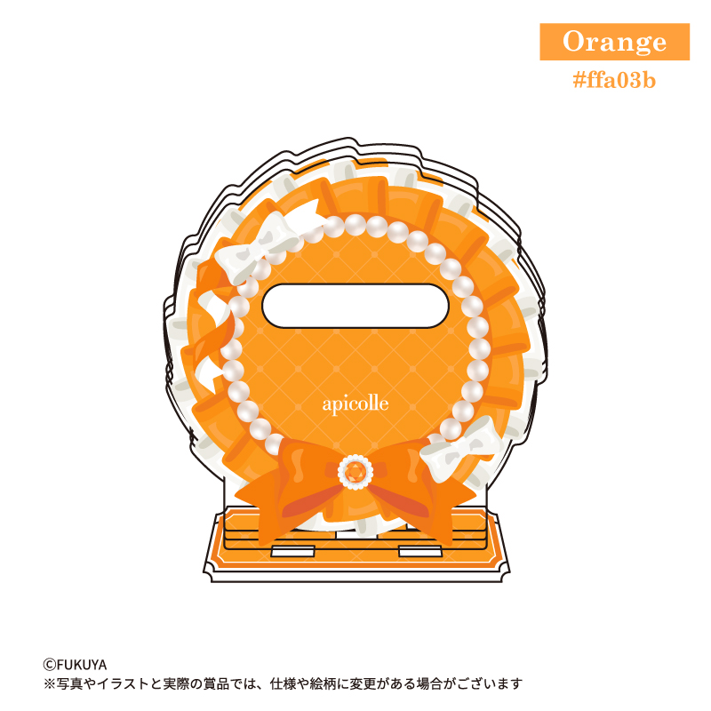 φ57mm缶バッジが飾れる、「Orange」カラーのロゼットをモチーフにした缶バッジスタンド。<br>
（【本体】約W8.4×H8.9×D1.9cm/【内寸】約W5.8×Ｈ5.8×D0.3cm)