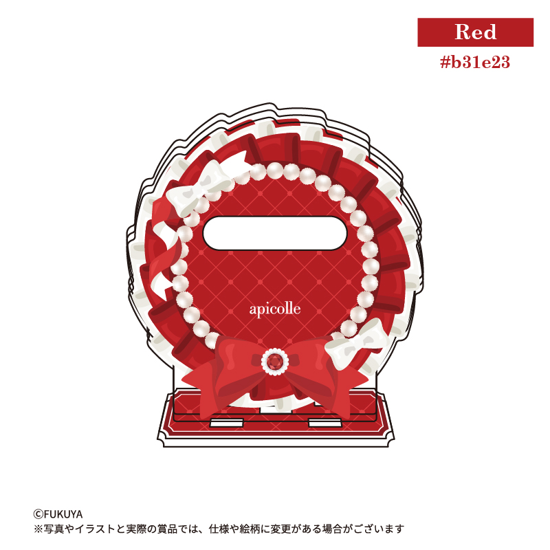 φ57mm缶バッジが飾れる、「Red」カラーのロゼットをモチーフにした缶バッジスタンド。<br>
（【本体】約W8.4×H8.9×D1.9cm/【内寸】約W5.8×Ｈ5.8×D0.3cm)