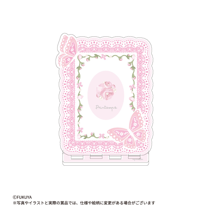 パピヨンのレースに囲まれたアクリルカードスタンド。トレカやインスタントフォト等、1mm厚までのカードを挟んで飾れます。<br>(【本体サイズ】約W8.2×H10.5×D1.7cm【内寸サイズ】厚さ1mmまで)