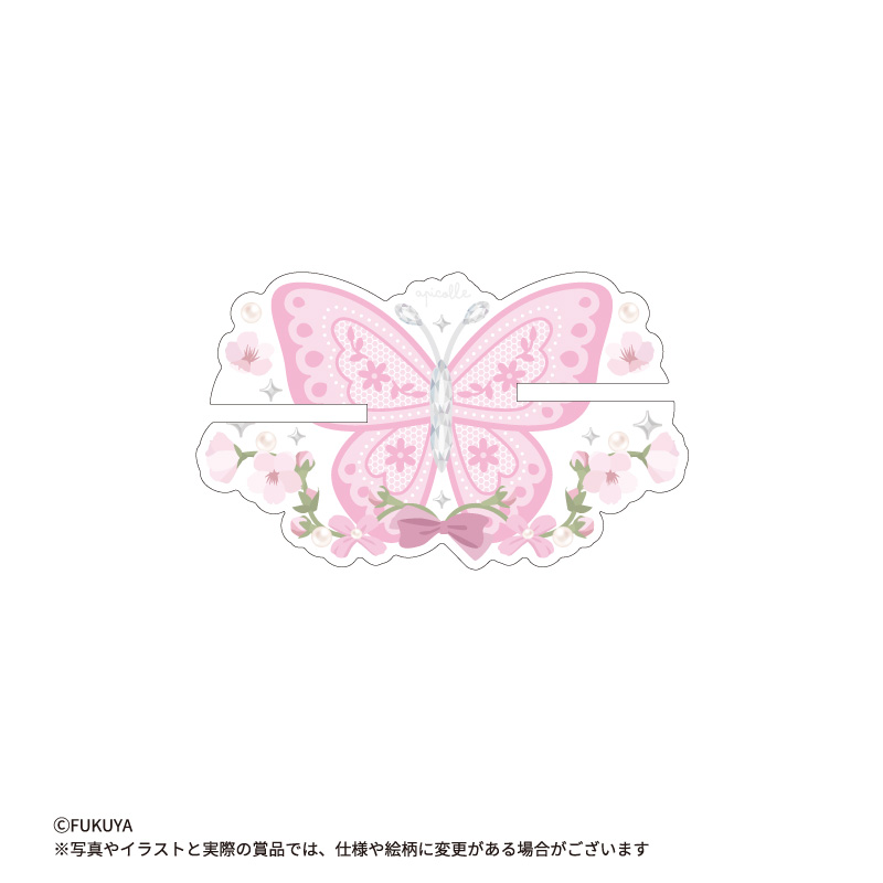 パピヨンレースに桜が散りばめられたデザイン。左右のスリットにアクリルスタンドを入れて台座として使えます。2人立たせられるペア台座仕様。<br>（本体サイズ：約W7.9×H4.9cm）